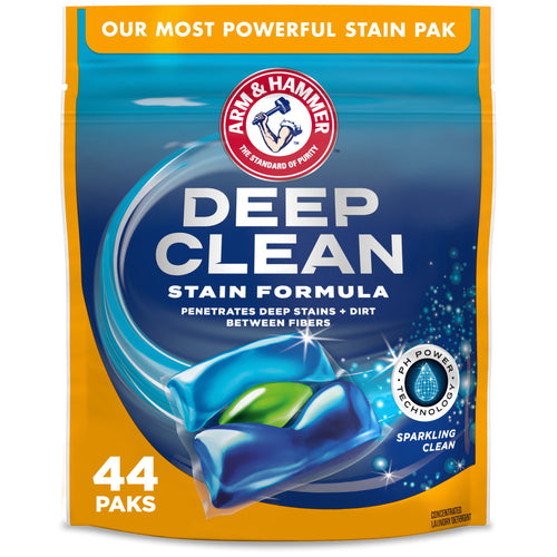 Arm & Hammer Deep Clean stain formula pouch with blue-green detergent pak graphic and '44 PAKS' label