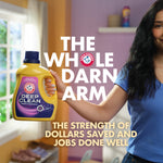 Person holding a yellow Arm & Hammer Deep Clean detergent bottle in a bright room with bold headline text overlay