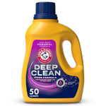 Yellow Arm & Hammer Deep Clean liquid detergent bottle with blue cap and purple radiant burst label, front view