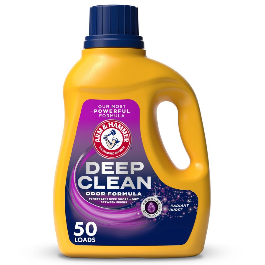 Yellow Arm & Hammer Deep Clean liquid detergent bottle with blue cap and purple radiant burst label, front view
