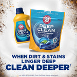 Promotional image showing Arm & Hammer Deep Clean pouch and matching detergent bottle with headline about cleaning dirt and stains