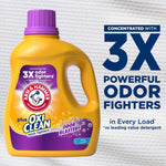 Single yellow Arm & Hammer plus OxiClean Odor Blasters detergent bottle beside bold text claiming concentrated 3X powerful odor fighters