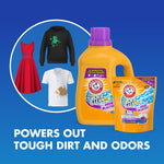 Product-and-pack visual showing ARM & HAMMER liquid detergent and power paks with clothing icons and "Powers Out Tough Dirt and Odors" text