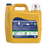 Rear view of a yellow detergent jug showing directions, caution text and sustainability icons on the back label