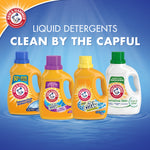 Promotional lineup of four ARM & HAMMER liquid detergent bottles on blue background with headline about liquid detergents