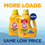 Two ARM & HAMMER Clean Burst detergent bottles with copy promoting more loads and same low price on blue background