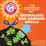 Orange Arm & Hammer branded graphic claiming continuous odor control and 'neutralizes bad garbage smells' with illustrated trash icons.