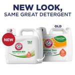Packaging comparison graphic showing new and old Arm & Hammer Sensitive Skin detergent jugs with 'New Look, Same Great Detergent' headline.