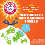 Orange panel with Arm & Hammer logo and text 'Neutralizes Bad Garbage Smells' plus stylized garbage illustrations.