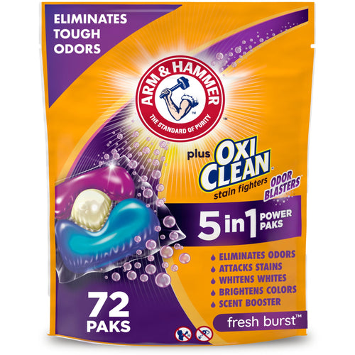 Arm & Hammer plus OxiClean 5-in-1 Power Paks retail pouch with branding and 72 paks callouts