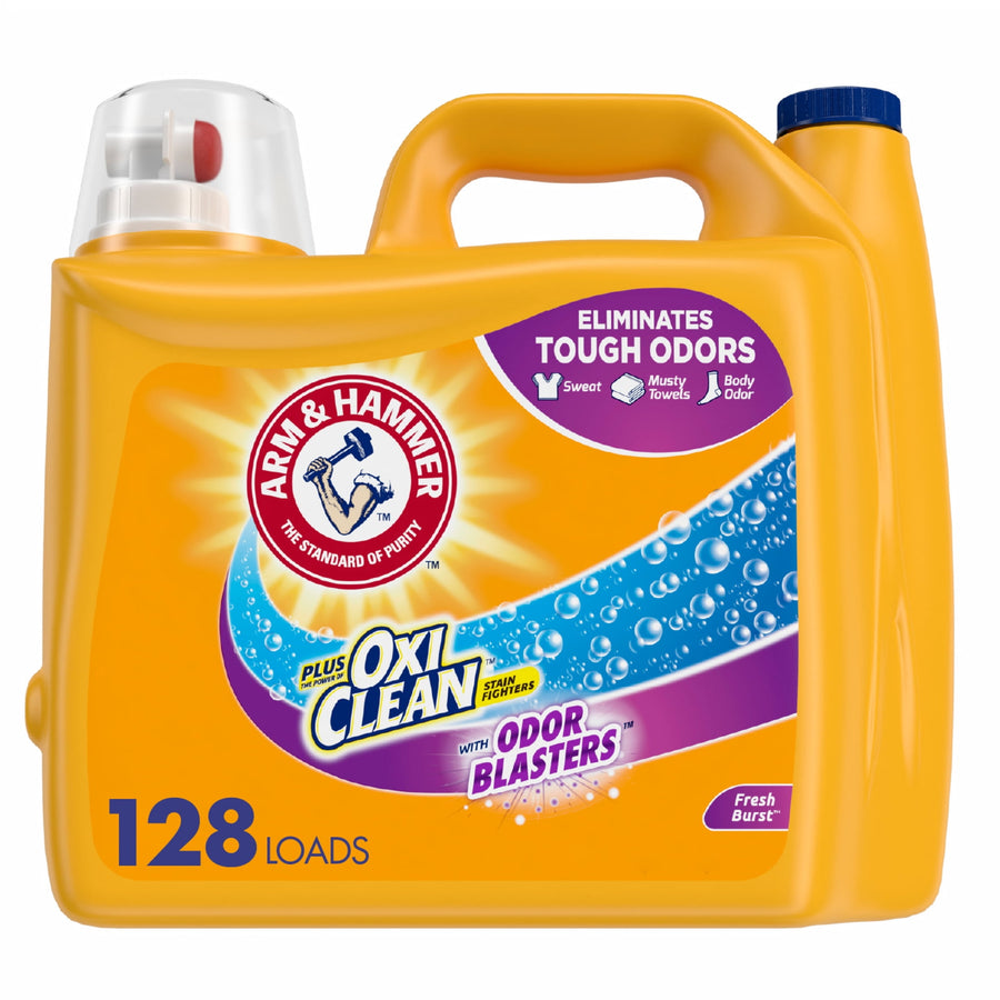 Front-facing yellow ARM & HAMMER liquid detergent jug with OxiClean Odor Blasters label and 128 loads callout
