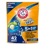 Arm & Hammer plus OxiClean orange resealable pouch showing three-color detergent pak graphic and product claims
