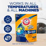 Arm & Hammer plus OxiClean pouch staged on a counter with icons for temperature and machine compatibility and headline text