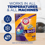 Retail-style image of Arm & Hammer plus OxiClean pouch on a counter with icons for temperatures and machines