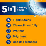 Orange infographic panel listing 5 in 1 cleaning power features like fights stains, cleans powerfully, whitens and brightens