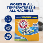 ARM & HAMMER Plus OxiClean powdered detergent box with icons and text claiming works in all temperatures and machines
