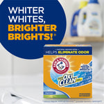 ARM & HAMMER Plus OxiClean detergent box with large callout reading “Whiter Whites, Brighter Brights!”