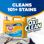 Detergent jug with OxiClean logo and headline claiming cleans 101+ stains with a stained shirt visual at the bottom