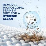 Stylized close-up of water bubbles and particles above woven fabric with text about removing microscopic stains and dirt