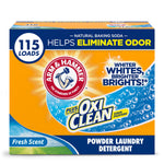 Front-facing box of ARM & HAMMER Plus OxiClean powdered laundry detergent with 115 loads badge