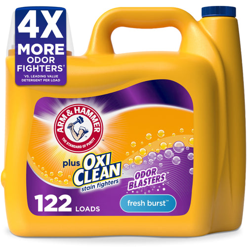 Yellow Arm & Hammer plus OxiClean liquid detergent jug with purple label and 122 loads callout