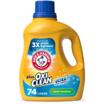 arm & hammer plus oxi clean ultra stain fighters liquid laundry detergent in clean meadow scent, yellow jug with blue cap showing 74 loads