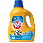 Yellow Arm & Hammer plus OxiClean liquid detergent jug with blue cap and label