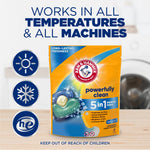 Arm & Hammer product pouch on a countertop with icons for temperatures and machines and text about working in all machines