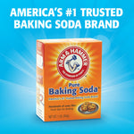 arm & hammer pure baking soda 1 lb box on a blue background