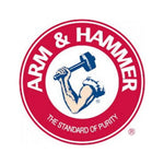 Arm & Hammer circular red logo showing an arm holding a hammer and the slogan the standard of purity