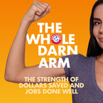 Person flexing arm in front of an orange background with Arm & Hammer logo and slogan 'The Whole Darn Arm'