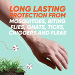 Close crop of an arm and hand over illustrated grass with text highlighting long-lasting protection from insects