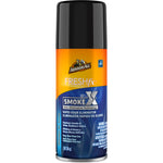 Tall aerosol can of Armor All FRESHfx Smoke X rapid odor eliminator with orange and blue label and black cap