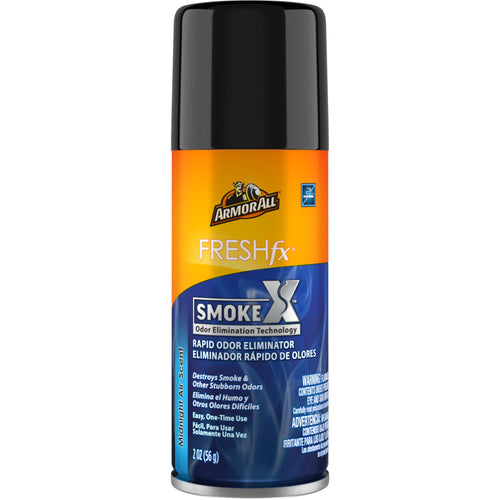 Tall aerosol can of Armor All FRESHfx Smoke X rapid odor eliminator with orange and blue label and black cap