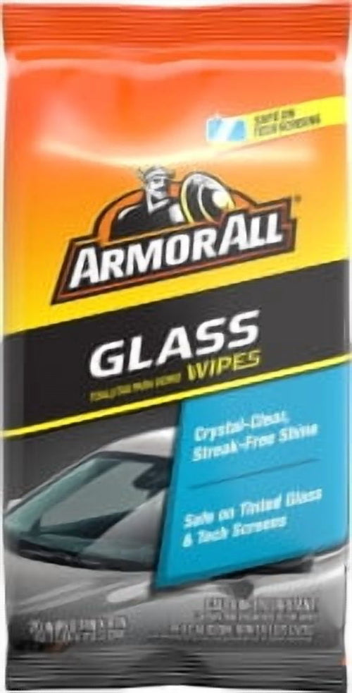 Armor All branded flatpack of glass wipes with orange, black and blue packaging and car windshield graphic