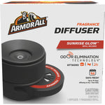 Armor All boxed fragrance diffuser packaging showing black diffuser and Sunrise Glow branding with odor elimination callouts