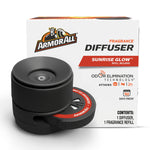Armor All black car fragrance diffuser and visible refill beside branded Sunrise Glow packaging