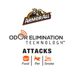 Armor All logo above “Odor Elimination Technology” graphic and icons indicating it attacks food, pet and smoke odors.