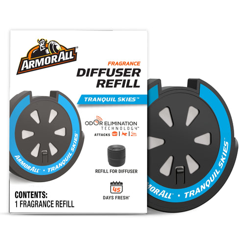 Armor All Tranquil Skies fragrance diffuser refill package with circular black and blue refill visible beside box
