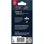 Back of retail card showing 'Victory Lap' product name, fragrance profile, directions, safety warnings and barcode