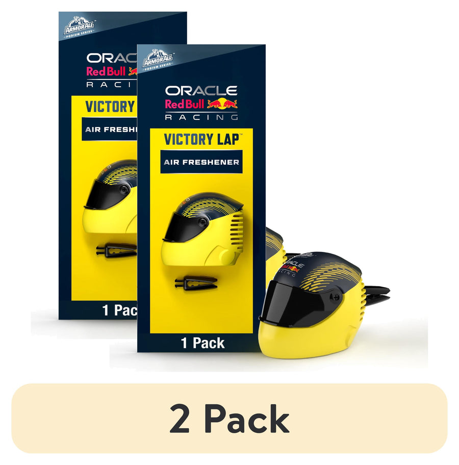 Two yellow racing-helmet shaped Armor All Victory Lap vent-clip air fresheners with packaging and '2 Pack' label.