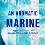 Promotional panel with bold text 'AN AROMATIC MARINE' over vertical ocean and mineral imagery and descriptive copy.
