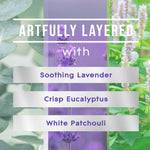 Graphic titled "ARTFULLY LAYERED" listing soothing lavender, crisp eucalyptus and white patchouli with plant imagery