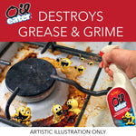 Promotional graphic of a greasy stove burner with an Oil Eater spray bottle and cartoon grease characters, slogan 'Destroys grease & grime'