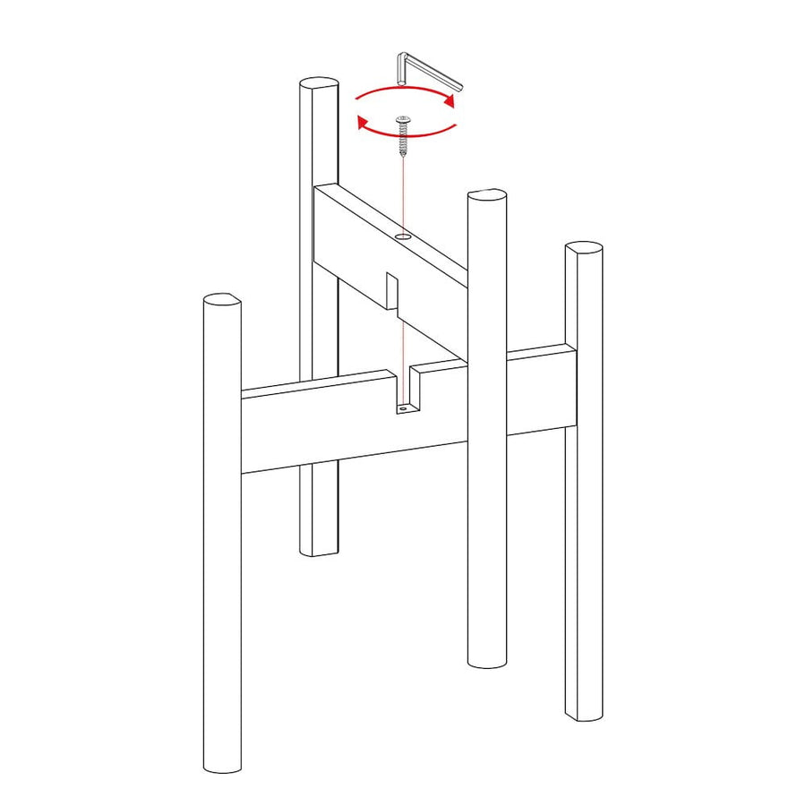 Line-art assembly diagram showing interlocking wooden legs and screw for a mid-century plant stand