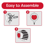 Three-step illustrated assembly instructions showing how to insert the red scent pod into the round diffuser and clip into vent