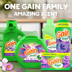 Assortment of Gain brand laundry products including dryer sheets box and scent booster displayed with promotional text