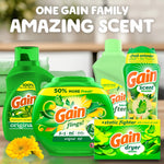 Assortment of Gain product packaging including detergent, flings, fabric softener and dryer sheets on a kitchen counter