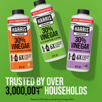 Three Harris 30% vinegar bottles in different label colors displayed on a green background with a 'trusted by' headline