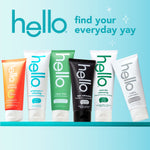 Row of various Hello toothpaste tubes including the black epic whitening tube centered under the hello brand and promotional headline
